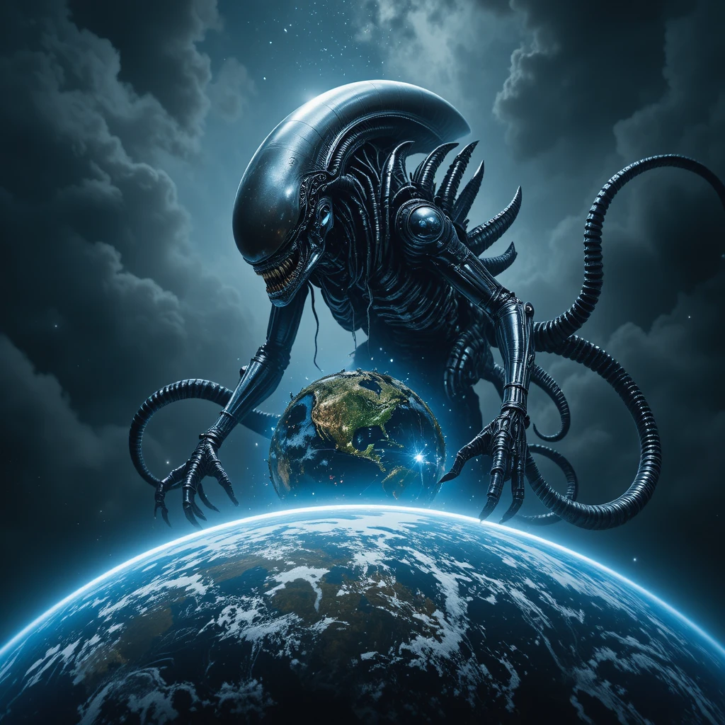 Dark alien creature gripping the fragile blue Earth