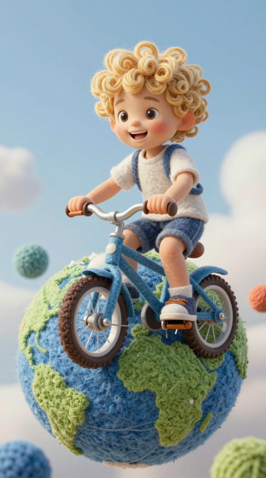 Fröhlicher kleiner Junge fährt Fahrrad auf einem Garnplaneten