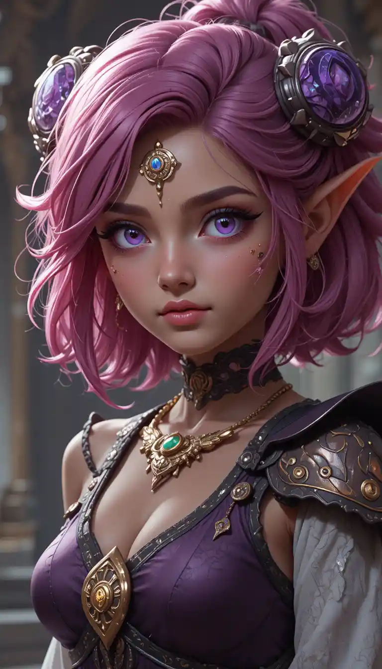 Teenage Sram girl with violet eyes and dark pink hair