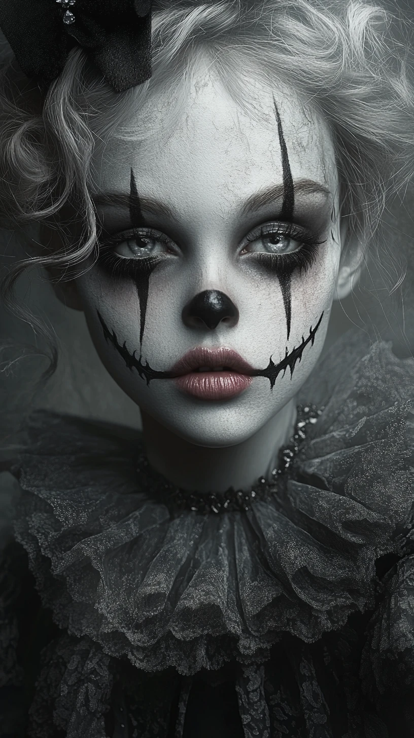 Sad clown doll portrait with dreamy glassy eyes