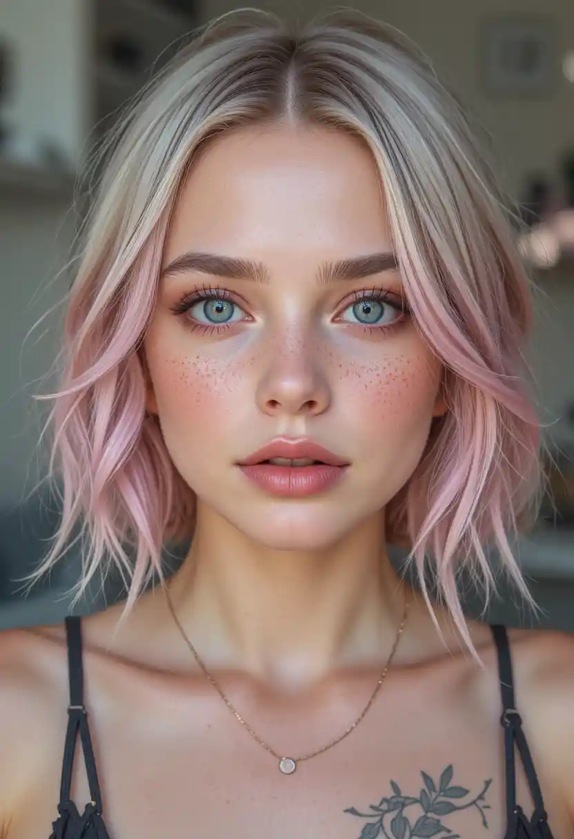 Young woman with short blond and pink ombre hair