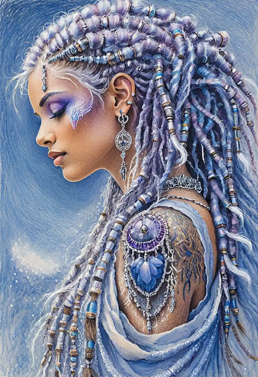 Serene fantasy woman with blue locs and tribal tattoo