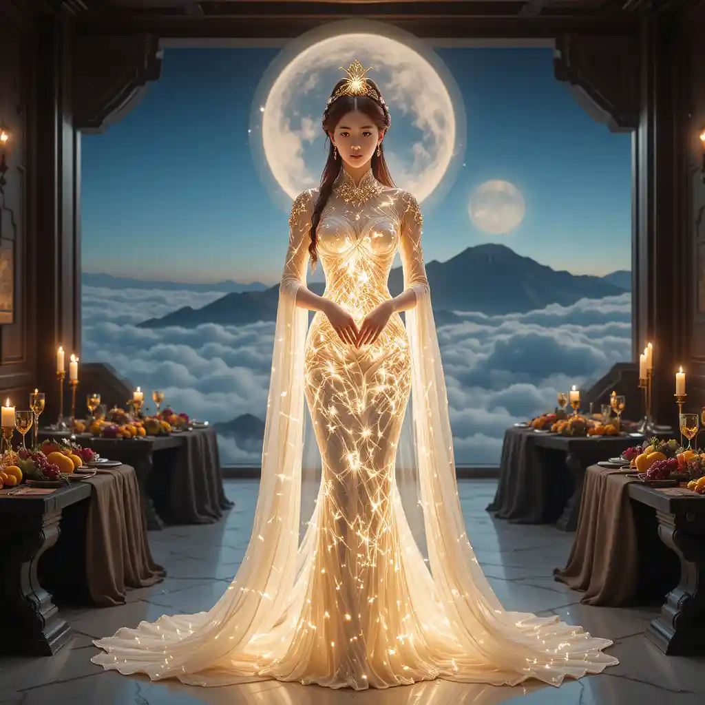 Serene goddess at a luminous mountain top banquet