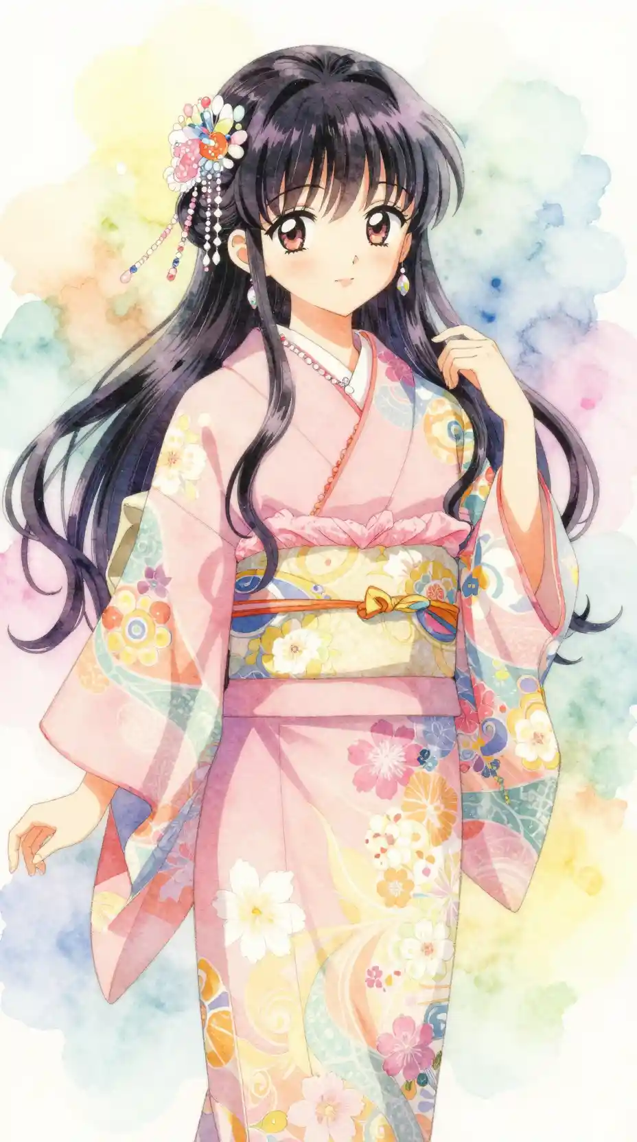 Chica de anime en tonos pastel con kimono furisode ornamentado