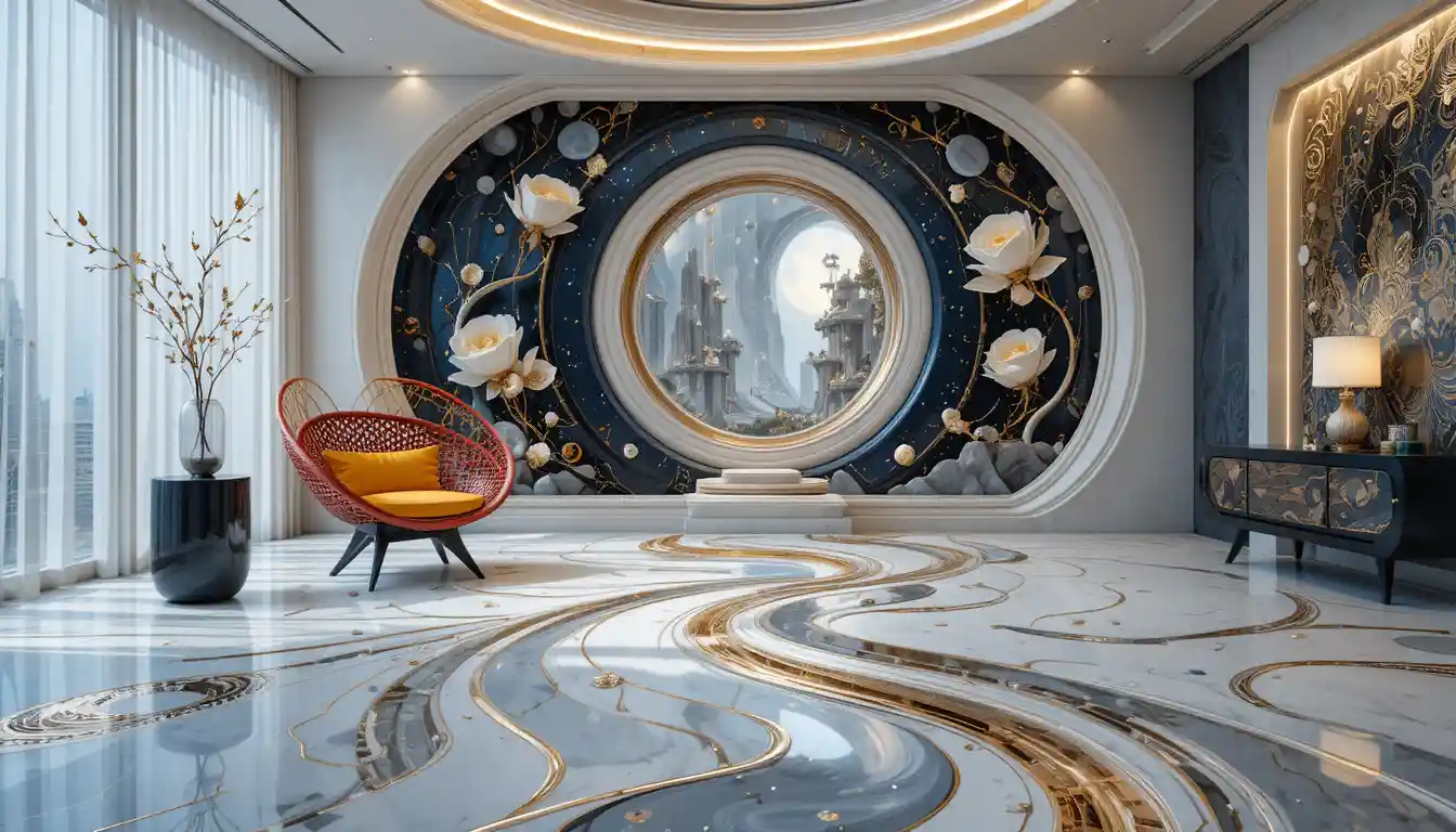 Futuristic ceramic house in a surreal urban oasis