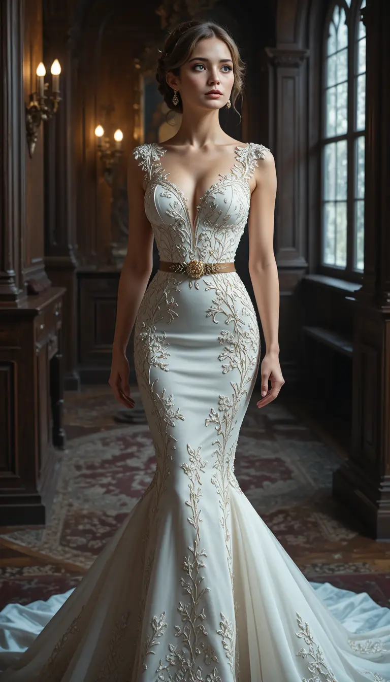 Elegant woman in embroidered ball gown in gothic interior