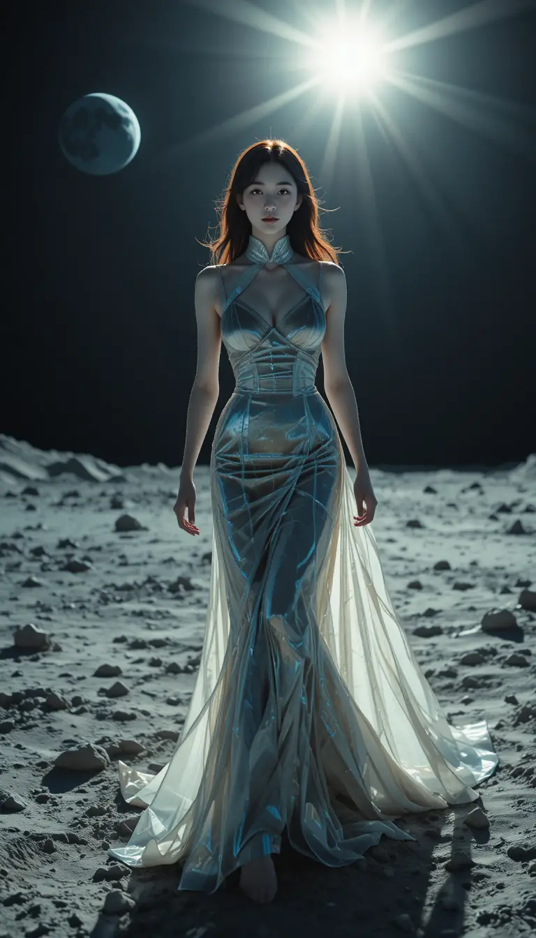 Donna coreana in abito di pellicola che cammina sulla Luna