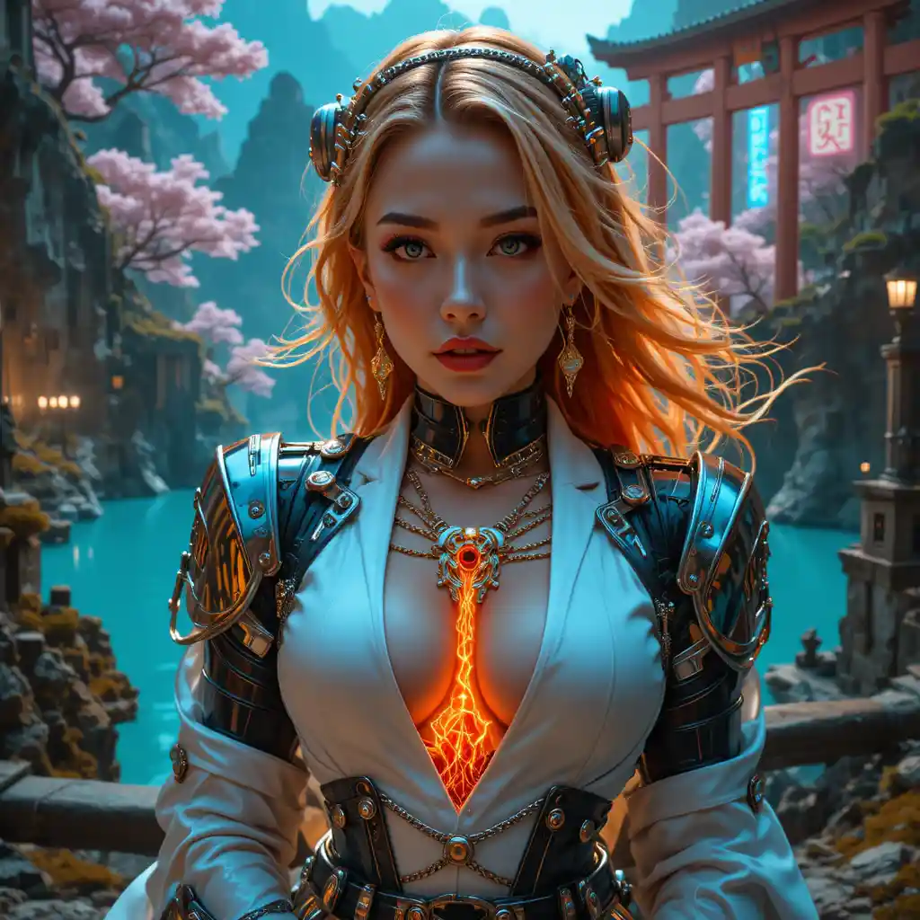 Infermiera fuorilegge cyberpunk presso un lago turchese in un canyon