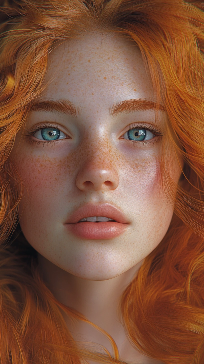 Freckled red haired girl gazing upward in soft light