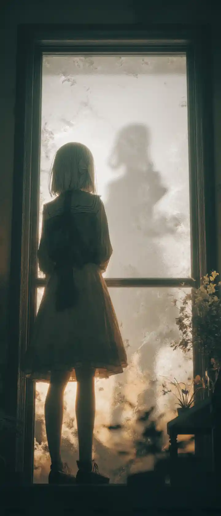 Anime girl in a haunted vintage family portrait window