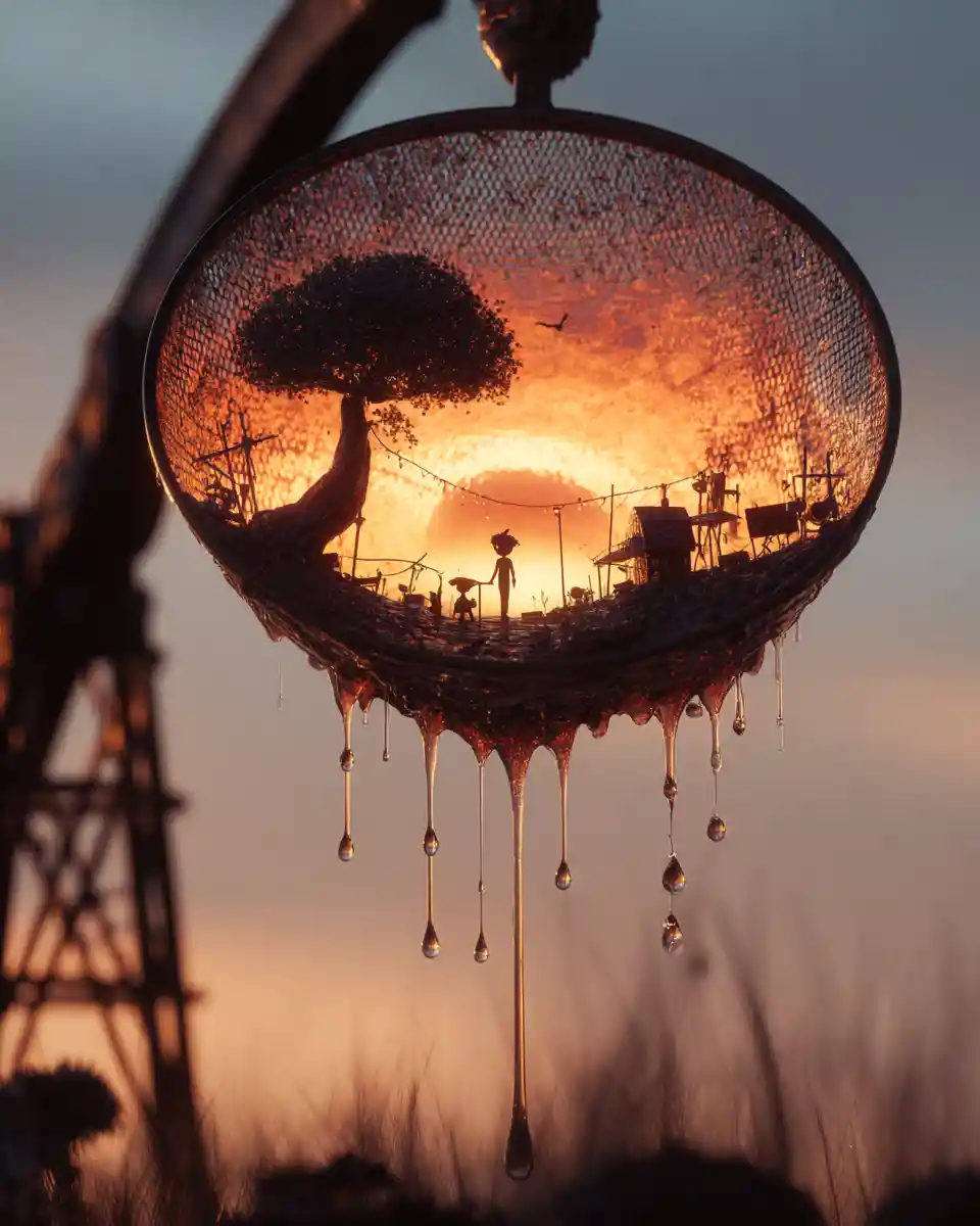 3D render of dripping paint forming a tropical beach sunset