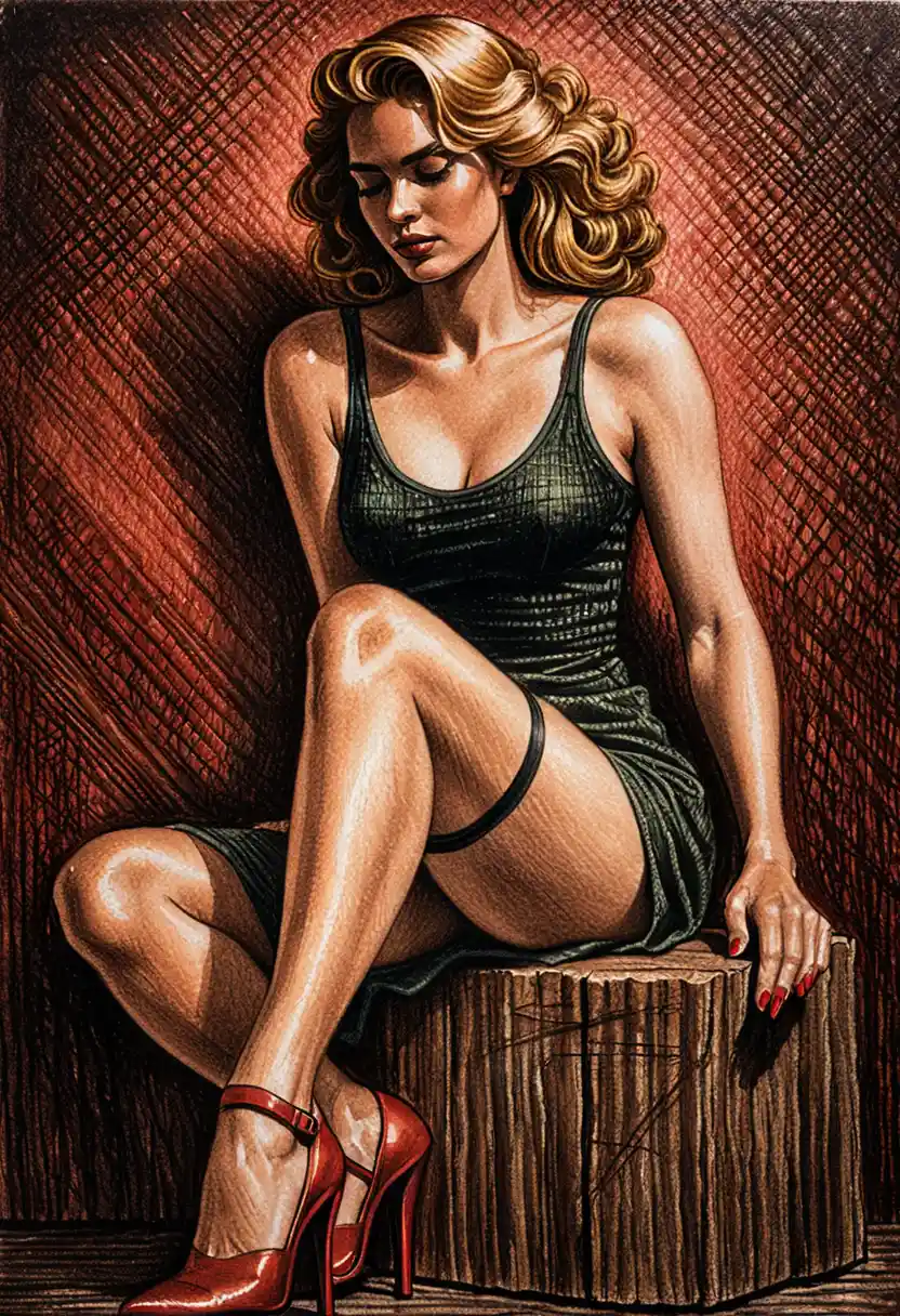 Blonde woman in green dress seated on wooden stump