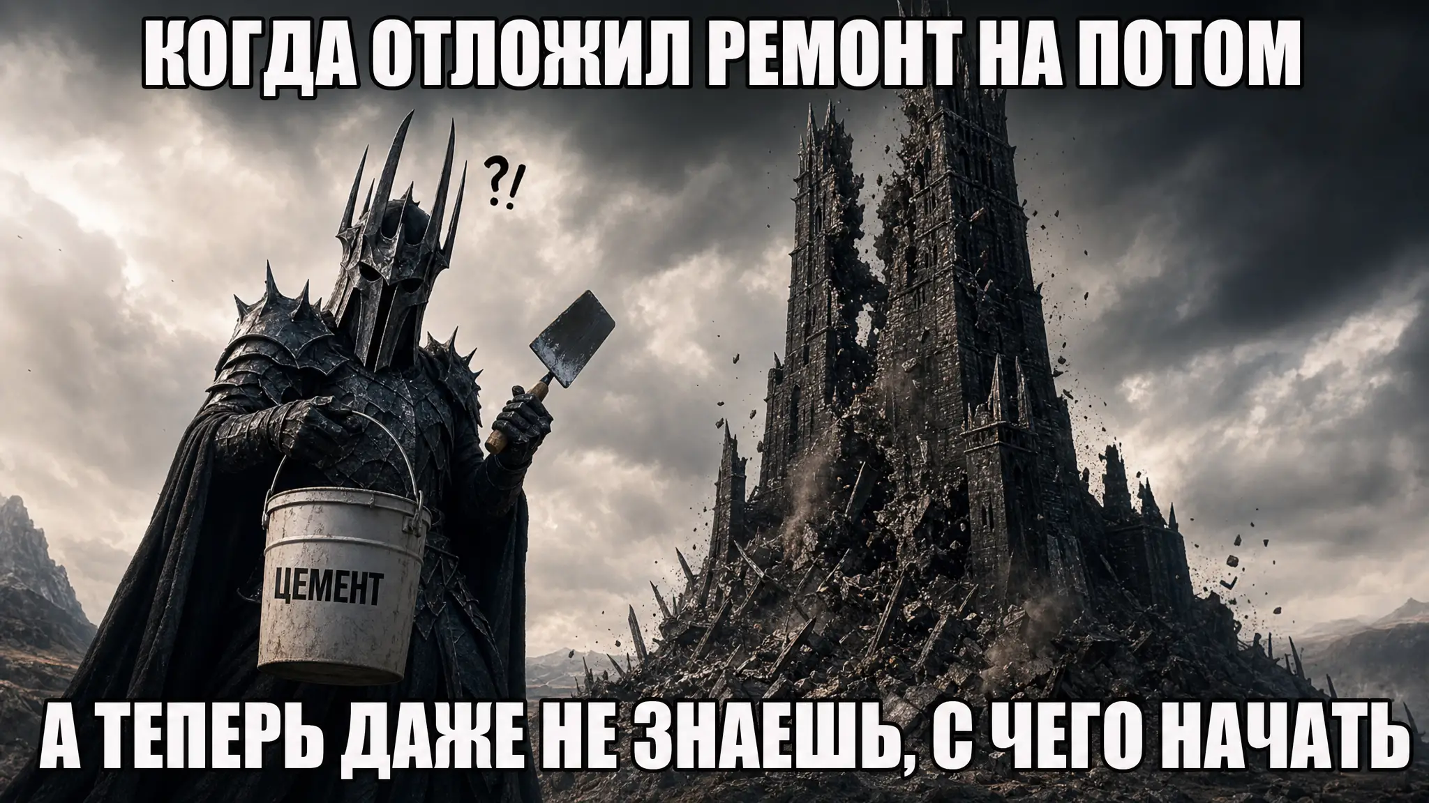 Humorous dark lord repairing a crumbling fantasy tower