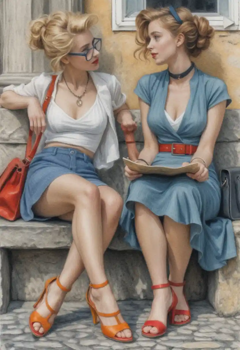 Two curvy women chatting on stone steps in sunlight