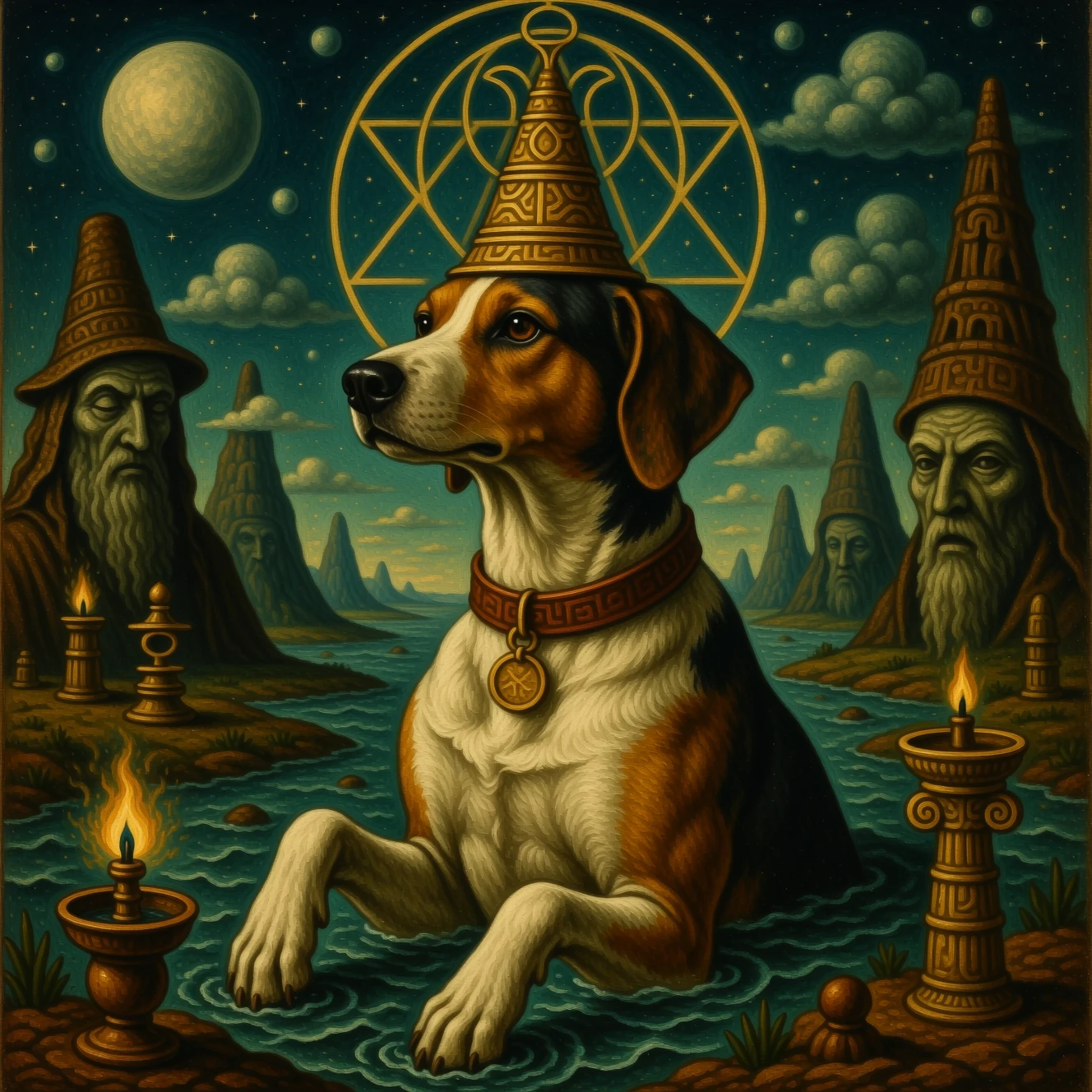 Dog headed mystic emerging from surreal dreamscape realm