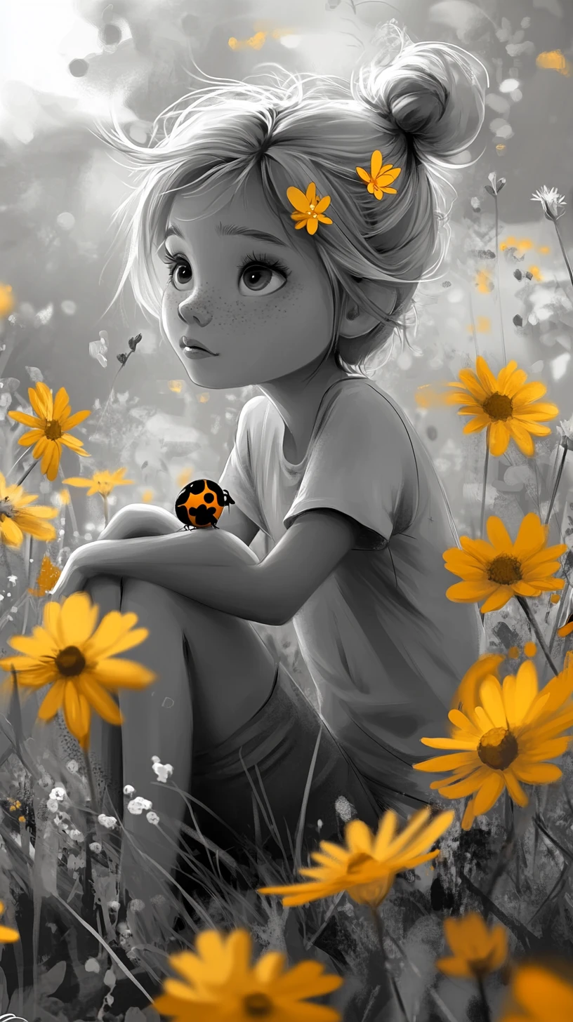 Young girl in a field of yellow flowers with insects