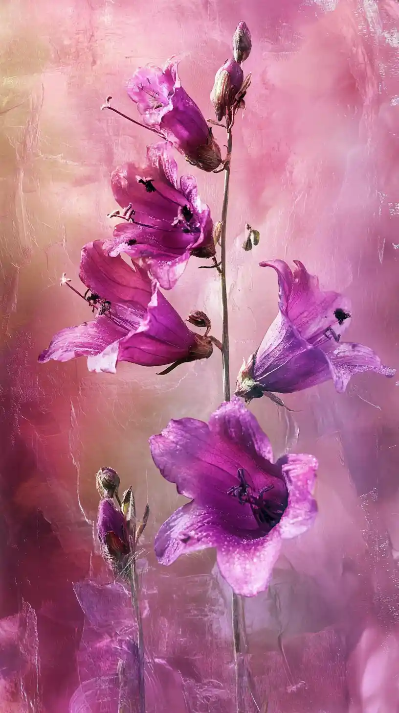 Drooping bell flowers against vibrant abstract painted background