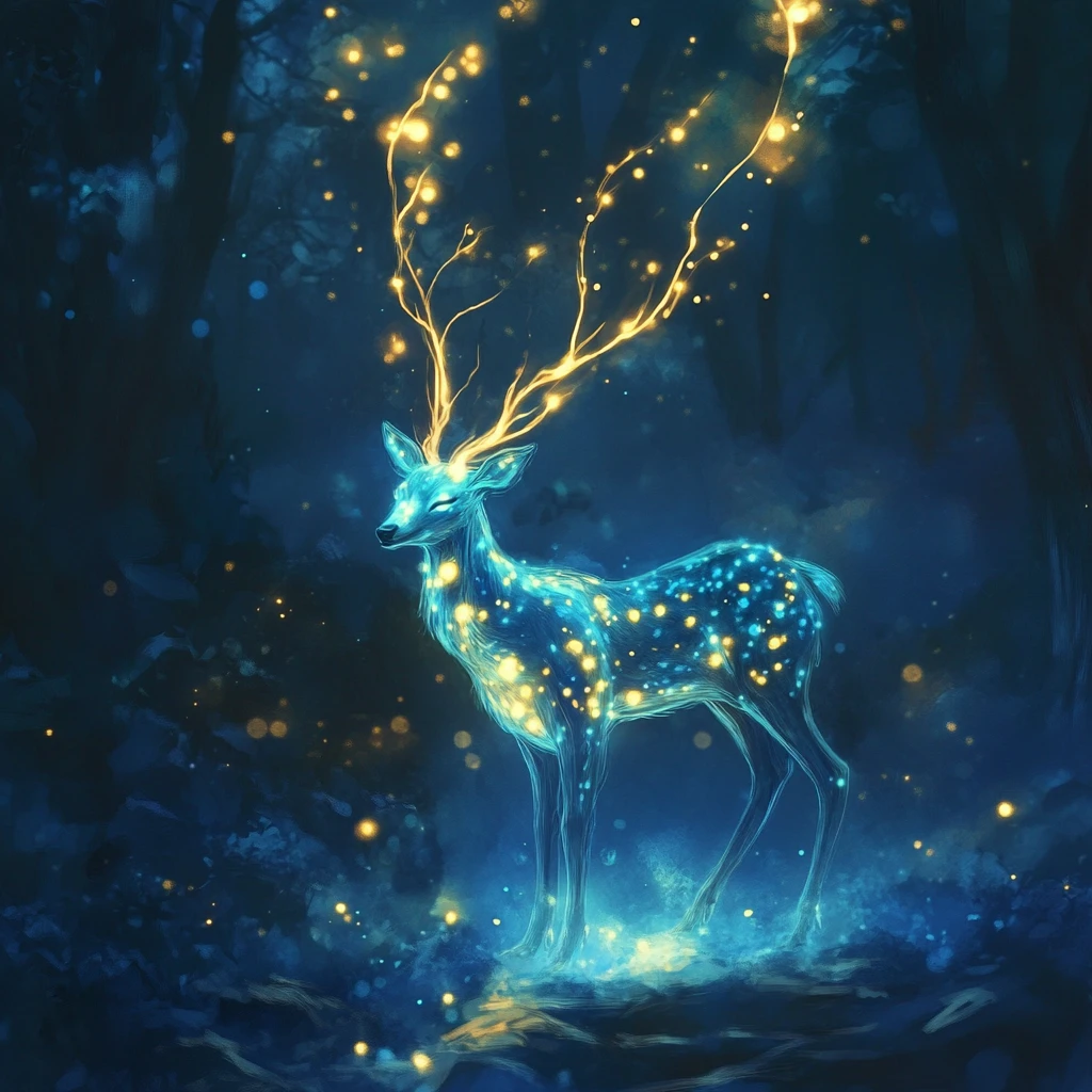 Luminous stag in a tranquil blue and gold fantasy forest