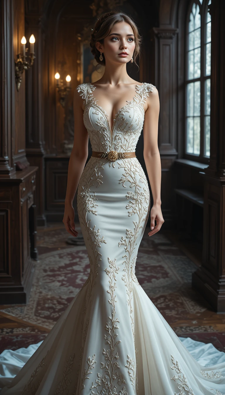 Mujer elegante con vestido de baile bordado en interior gótico