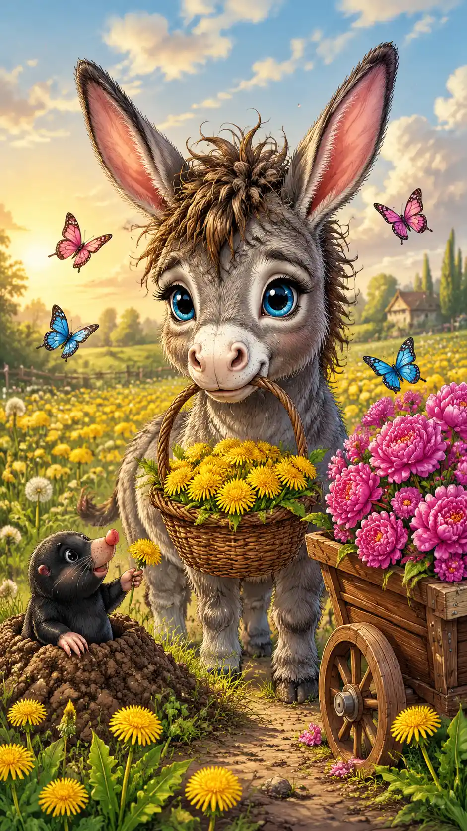 Cute cartoon donkey with flowers in a sunny dandelion field