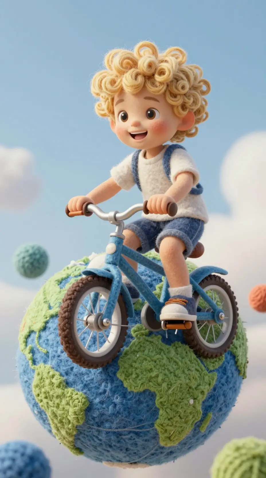 Cheerful Little Boy Riding A Bicycle On Yarn Planet