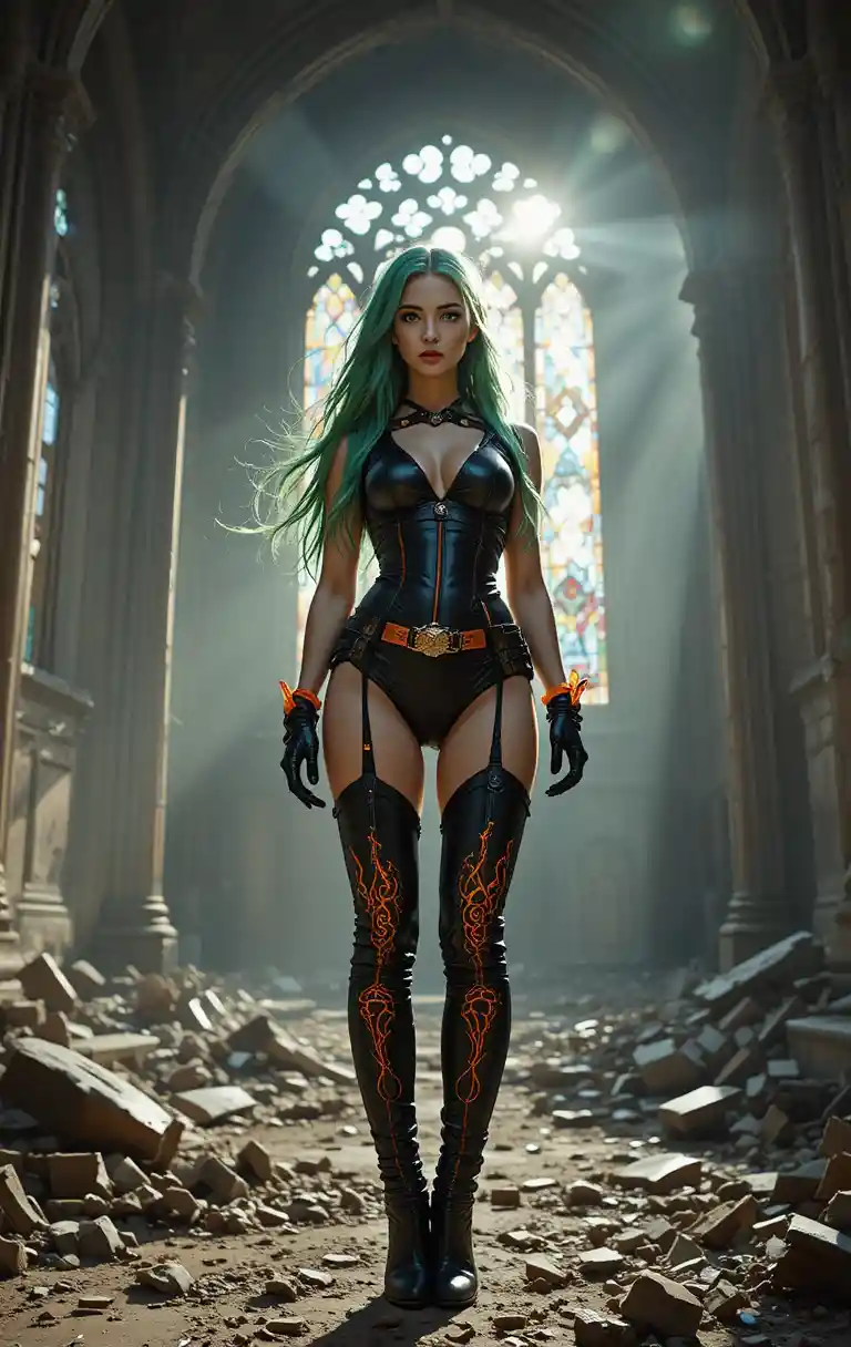 Green haired warrior woman in ruins of a shattered cathedral