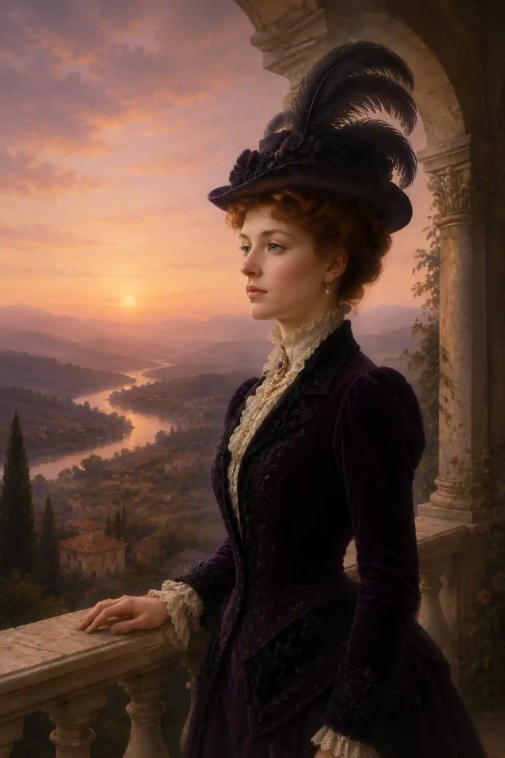 Victorian woman by a marble balcony at sunrise