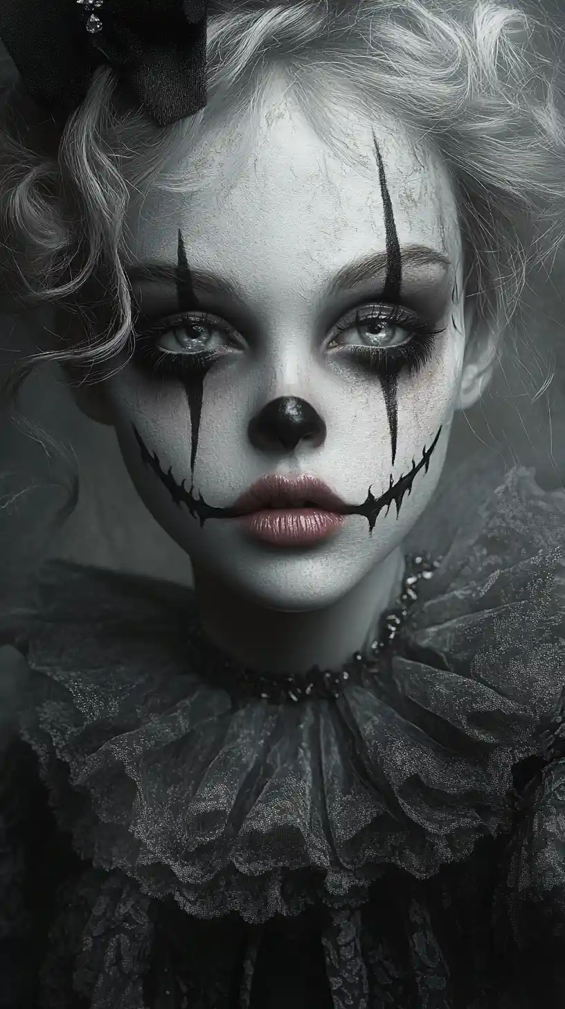 Sad clown doll portrait with dreamy glassy eyes
