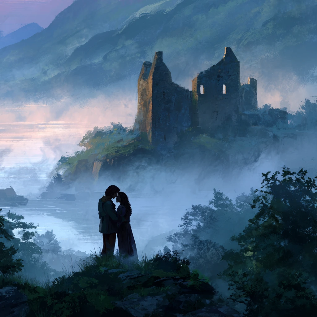 Lovers Embracing In Ruined Castle Above Misty Loch