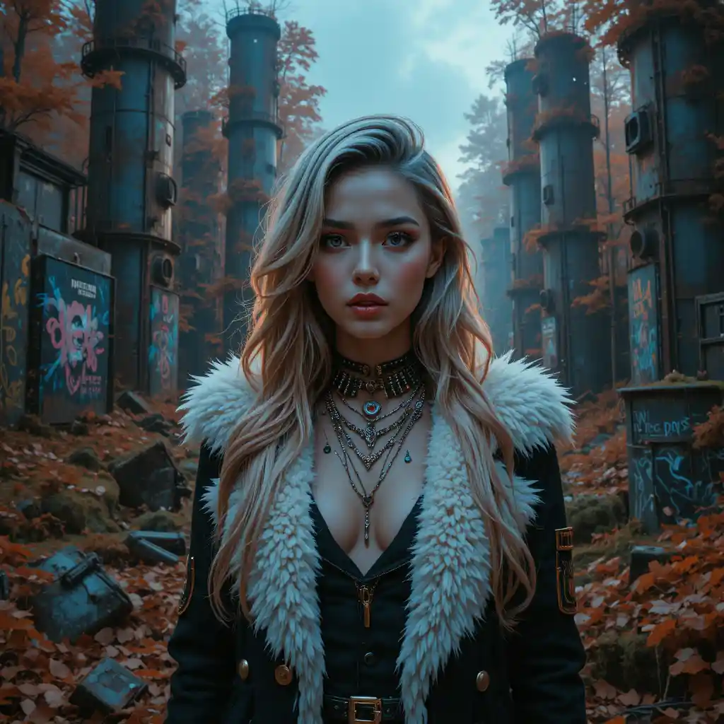 Cyberpunk woman in ruined geothermal reactor at dusk