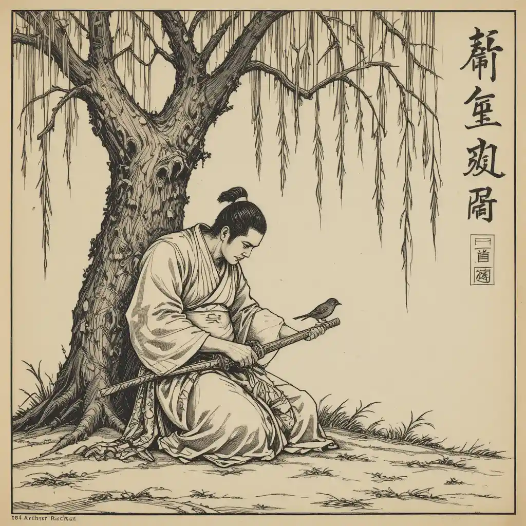 Wounded samurai resting beneath a weeping willow tree