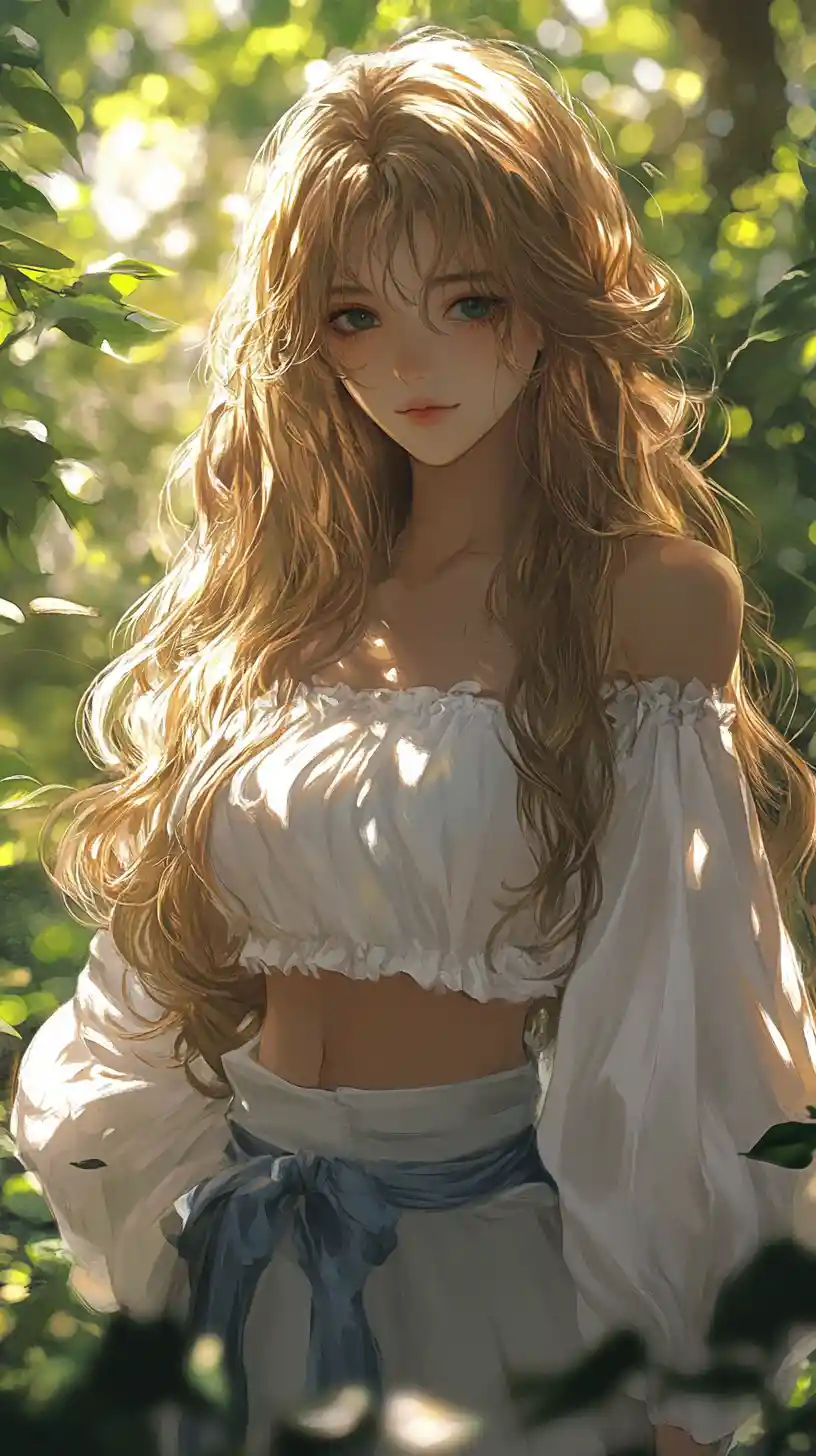 Anime woman in sunlit forest with golden haloed hair