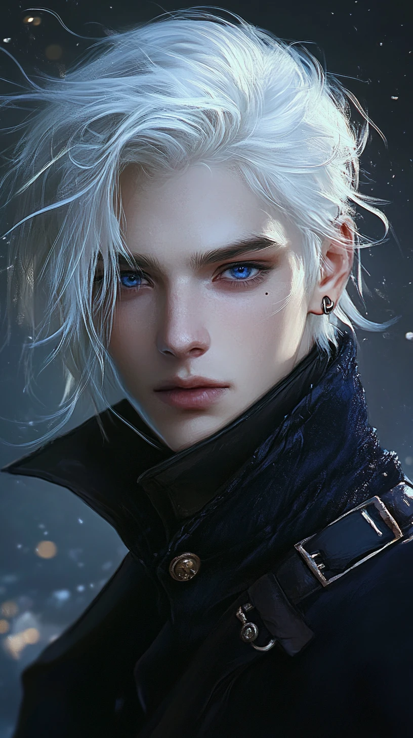 White haired anime man with intense blue eyes portrait