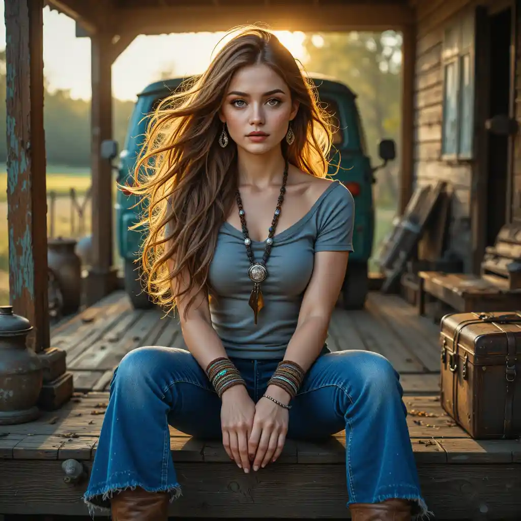 Bohemian woman on rustic truck porch at golden hour