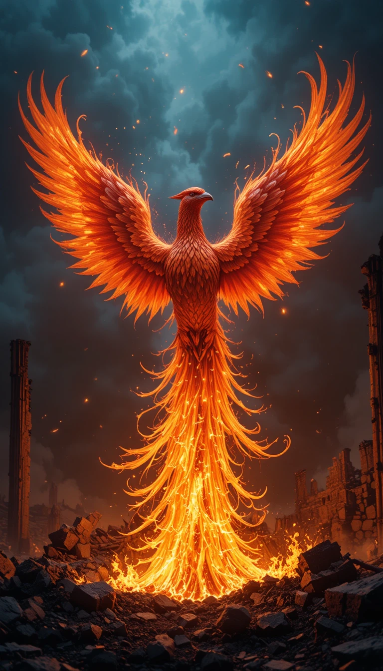 Phoenix rising above the ruins of a burned house
