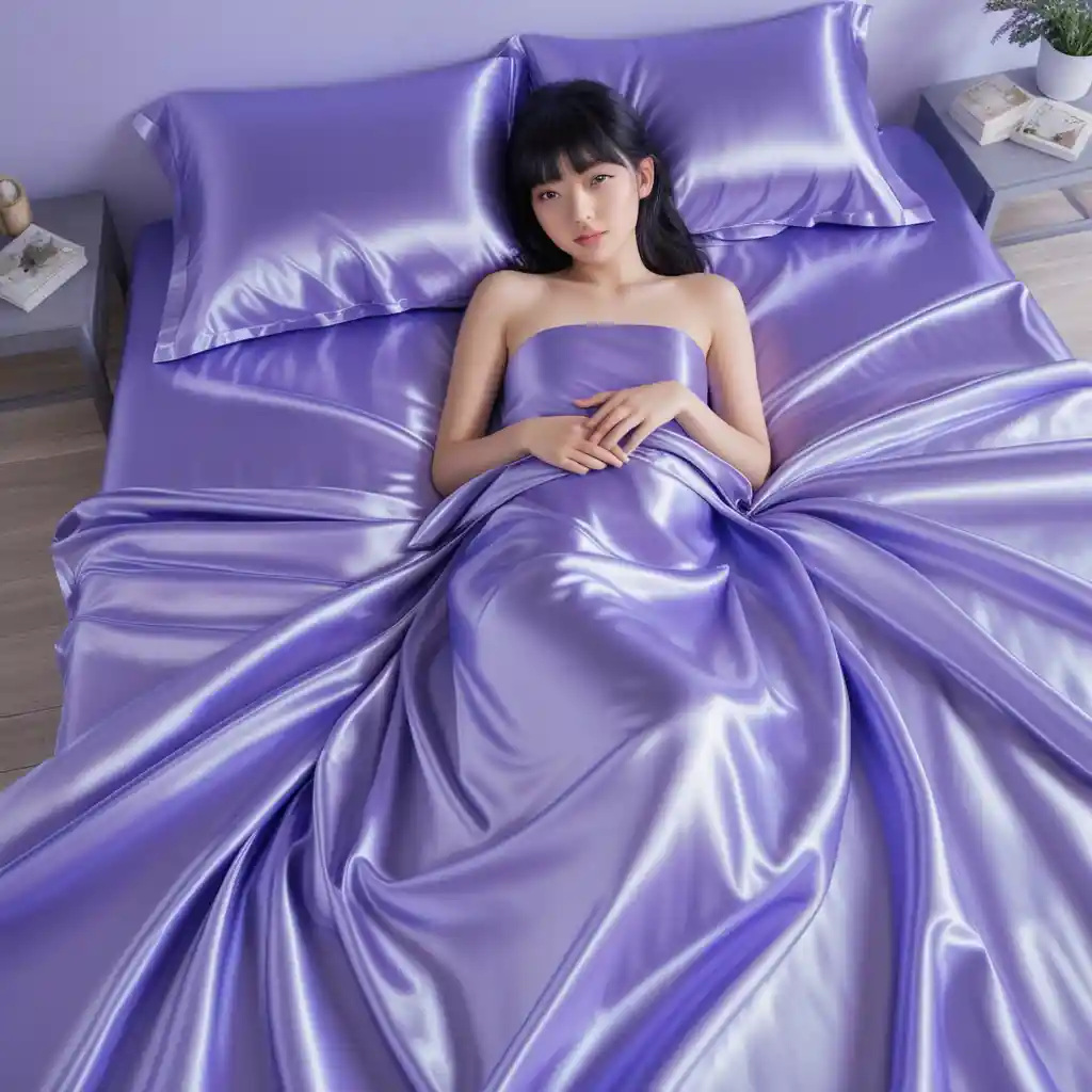 Japanese woman lying on glossy lavender satin bed sheets