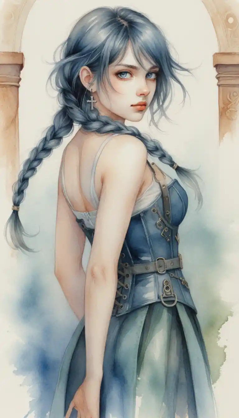 Mysterious anime girl in corset looking back over shoulder