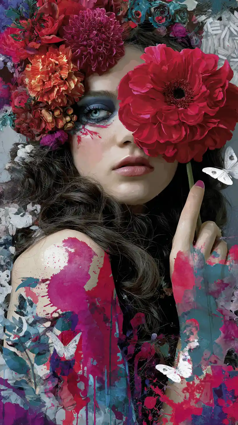 Woman with dark hair and red flower in floral portrait