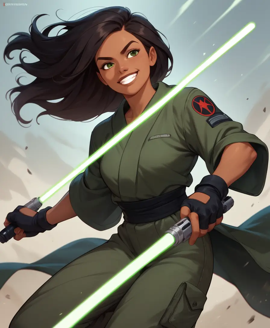 Brown skinned female jedi warrior with green lightsaber