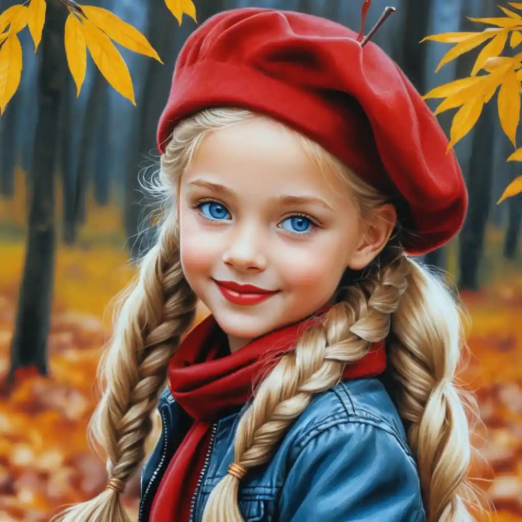 Smiling blonde girl in red beret on an autumn day