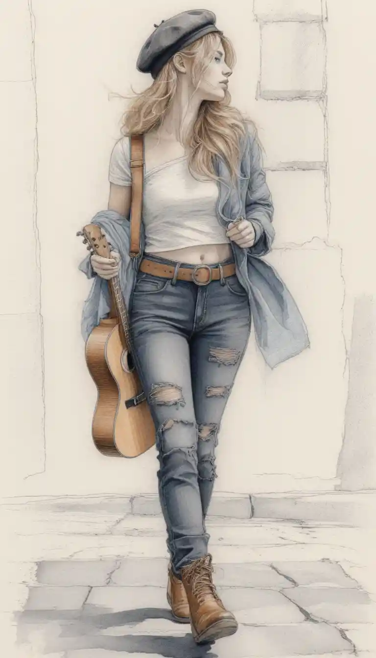 Bohemian woman walking with guitar on her back