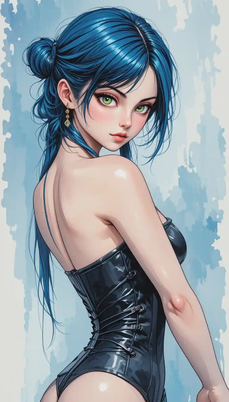 Mysterious anime woman in corset looking over her shoulder