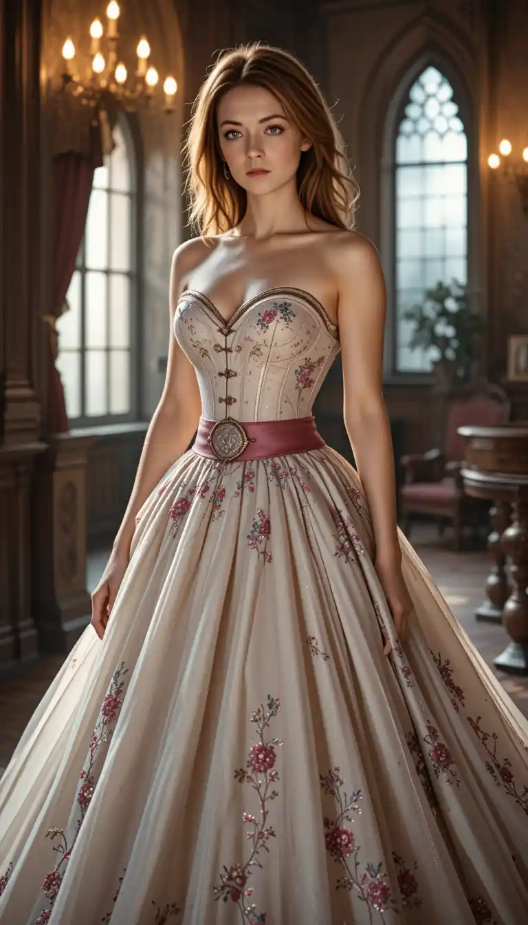 Elegant woman in corset ball gown in gothic interior