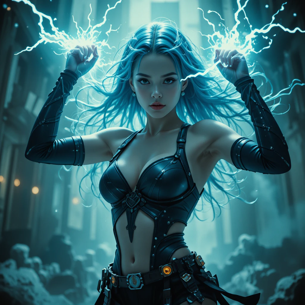 Guerrière futuriste aux cheveux bleus chargeant une énergie lumineuse