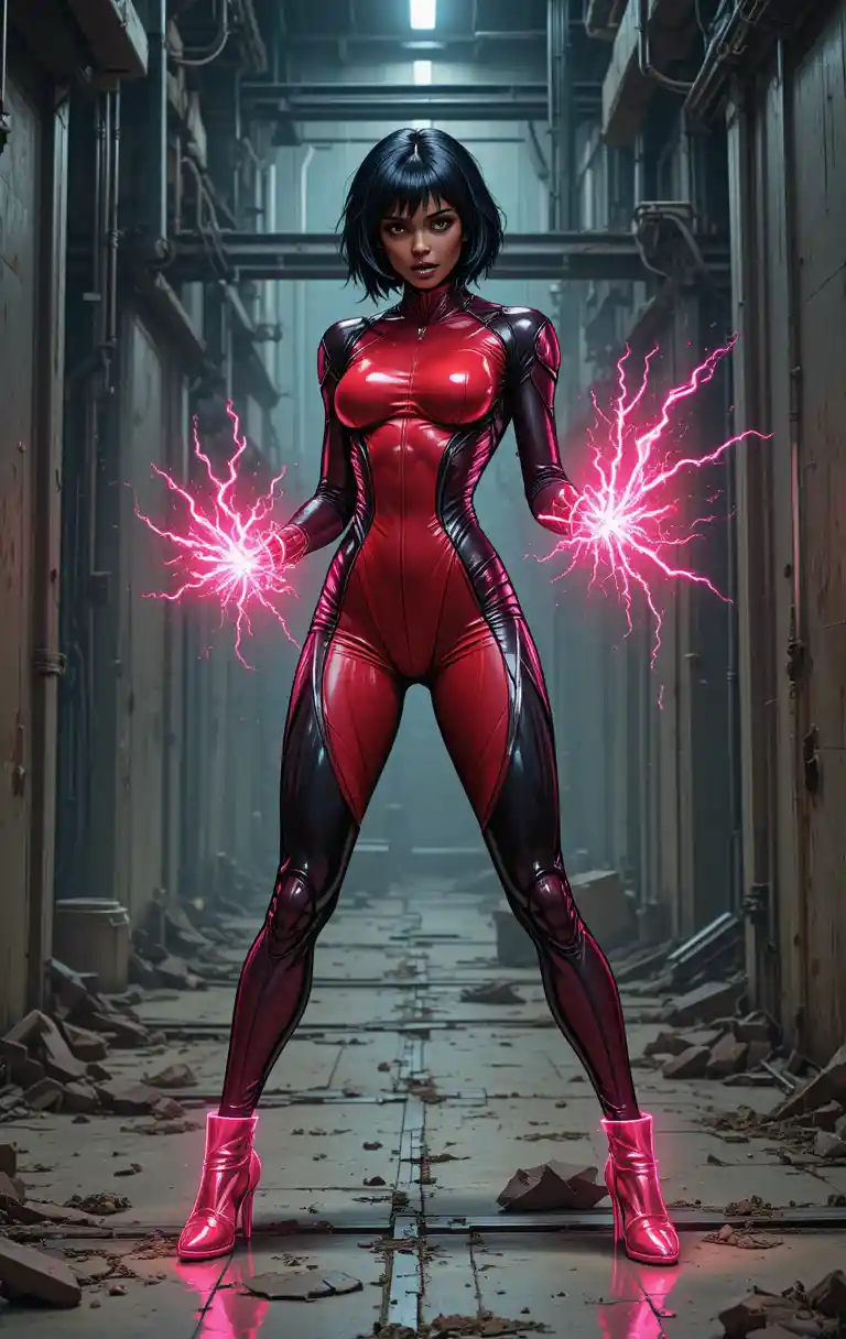 Fierce sci fi woman with neon energy in industrial hall