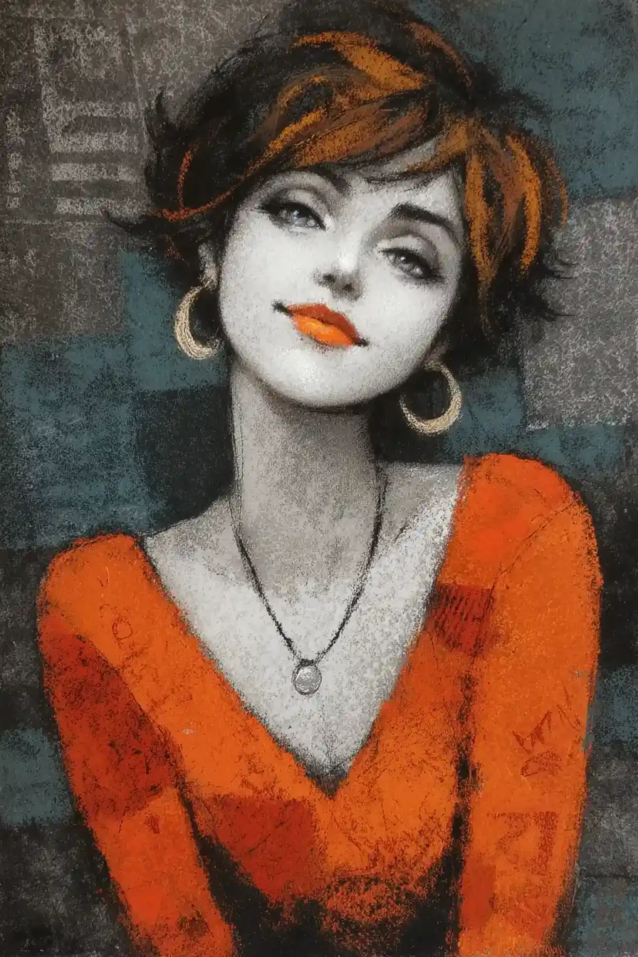 Expressive pastel portrait of a young woman in muted tones
