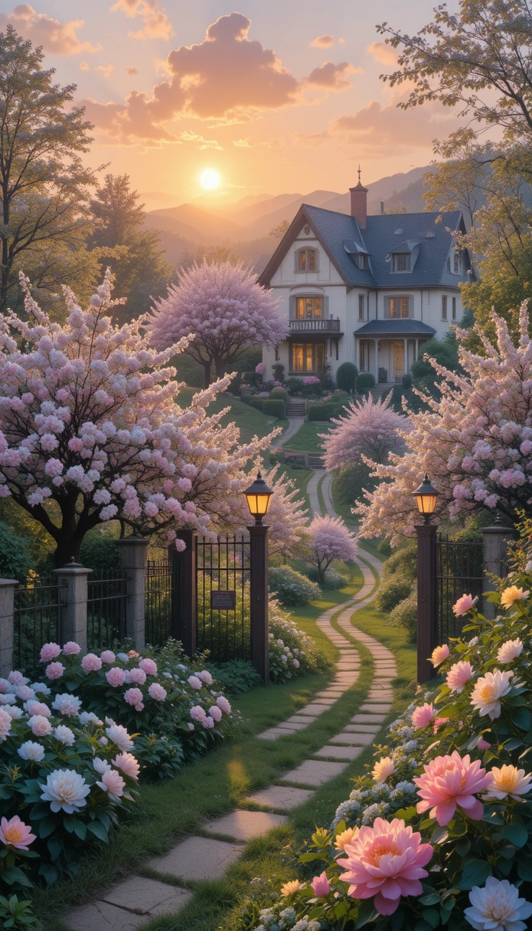 Sunset over blooming apple trees in a garden