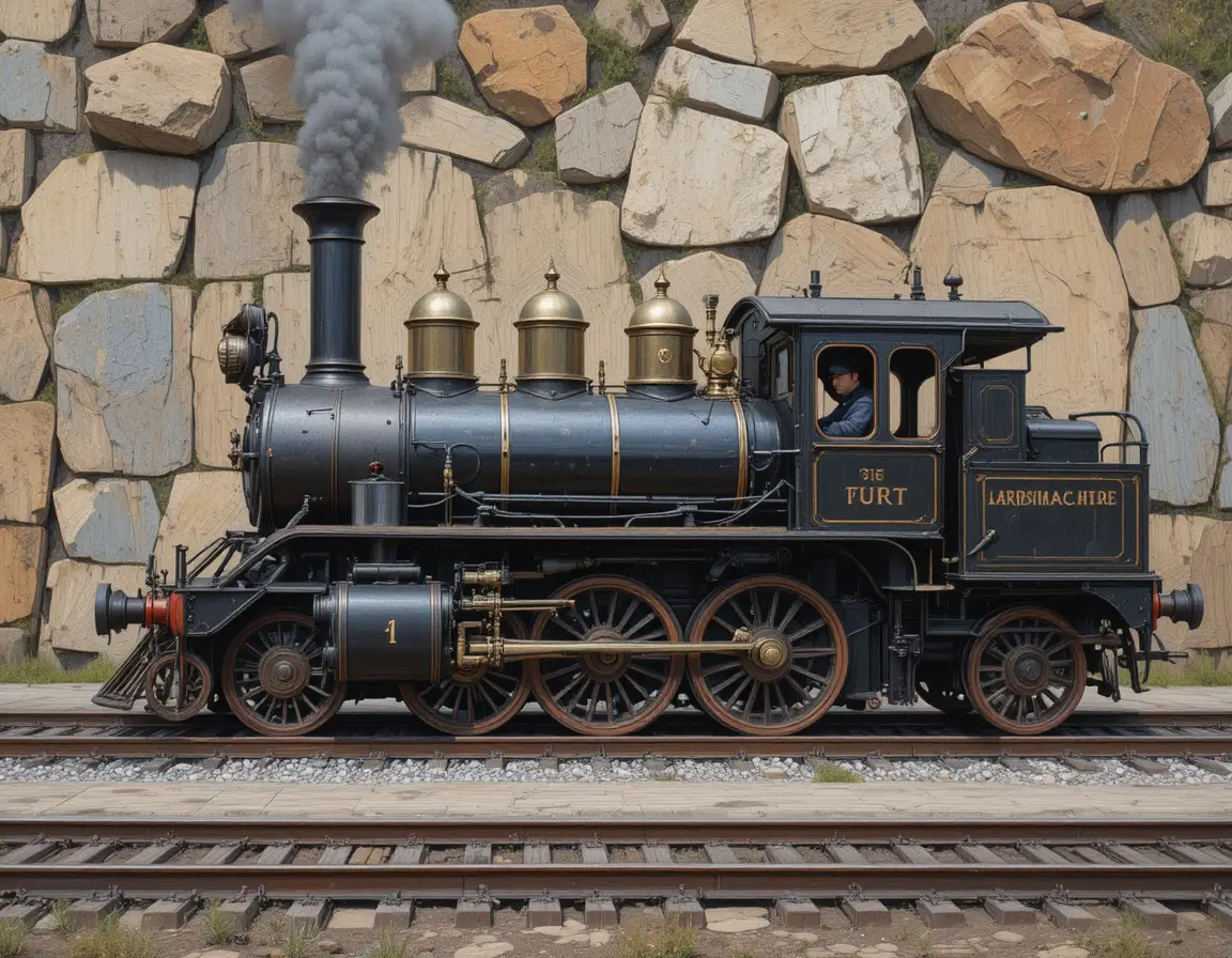 Vintage steam locomotive on tracks before a rocky wall