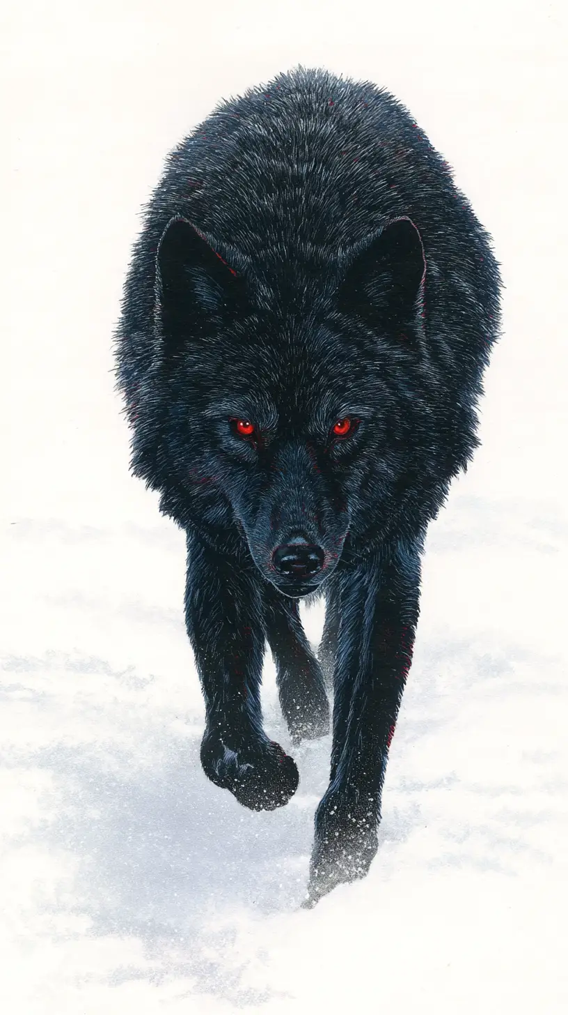Black wolf with red eyes walking through white winter snow