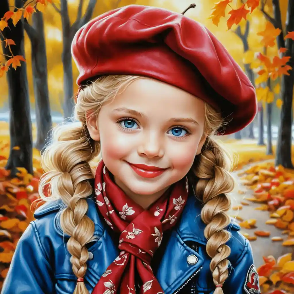 Smiling blonde girl in red beret autumn portrait illustration